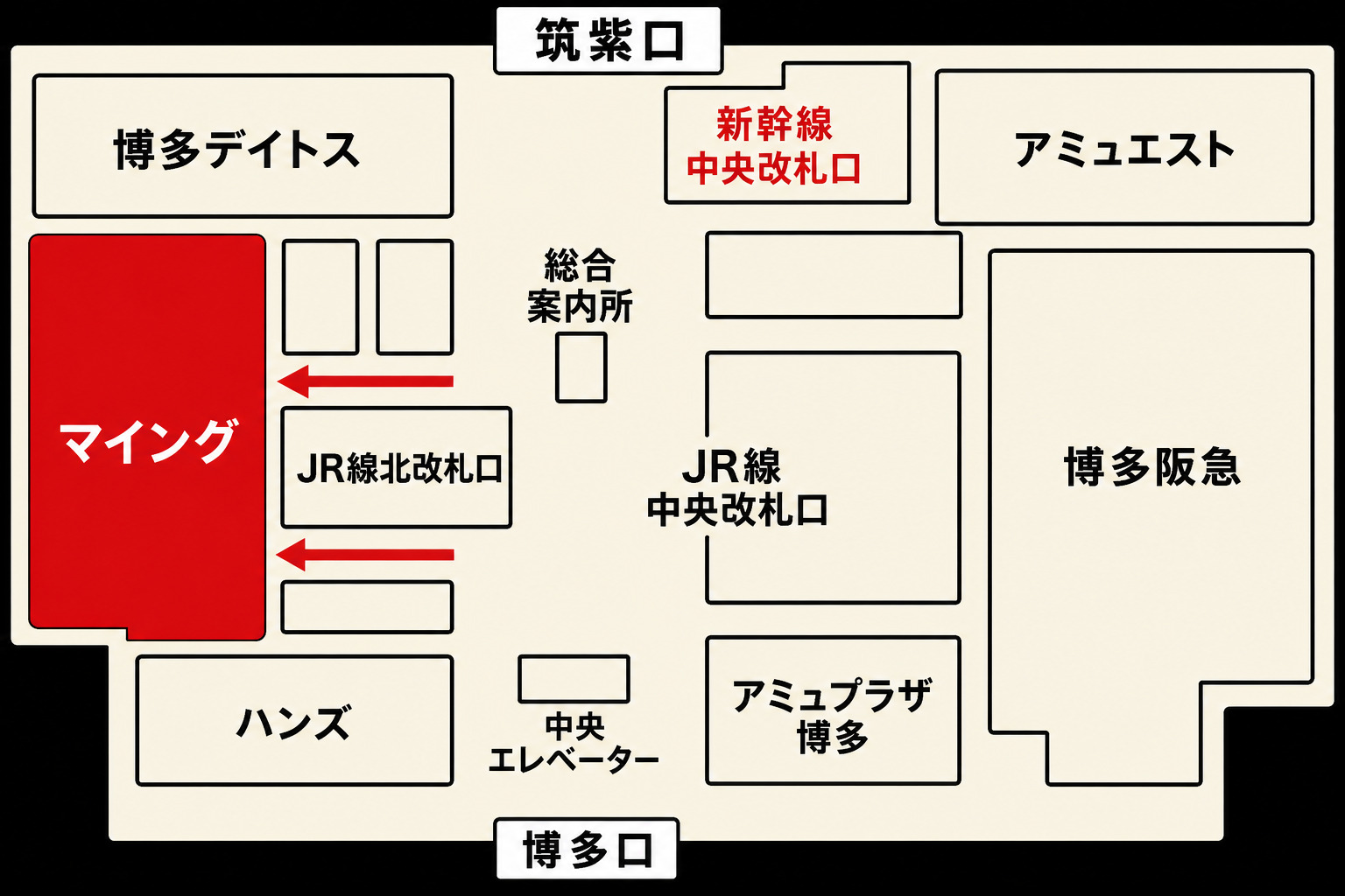 博多駅1階におけるマイングの位置